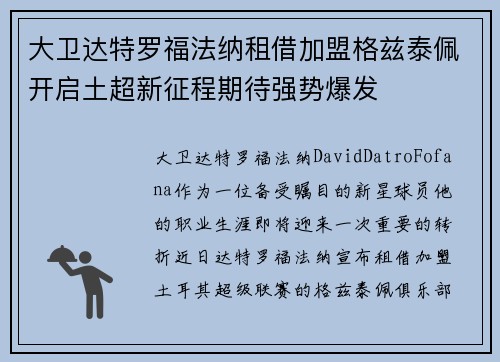 大卫达特罗福法纳租借加盟格兹泰佩开启土超新征程期待强势爆发
